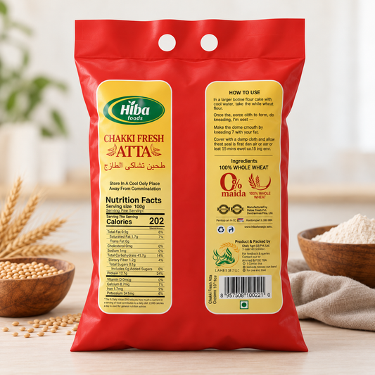 Hiba Foods Chakki Fresh Atta – 100% Whole Wheat Flour – 5 kg